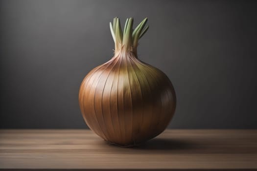 Three onions on a wooden table in front of a solid color background. ai generative