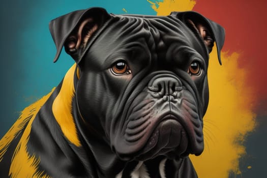 Close up portrait of a cute black dog on a orange background. ai generative