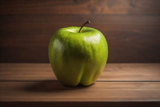 Green apple on a wooden table with dark background, shallow depth of field. The concept of healthy eating. ai generative