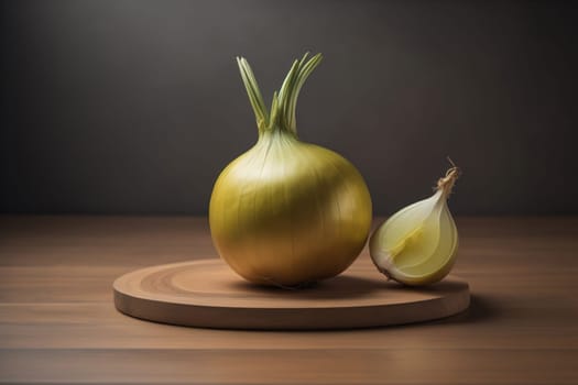 Three onions on a wooden table in front of a solid color background. ai generative