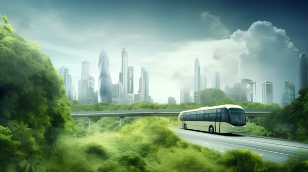 A bus driving on a road with a futuristic city in the background - generative AI