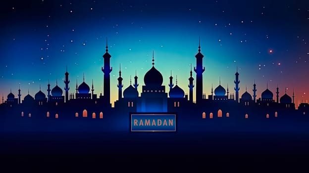 Ramadan serenity, A mosque illuminated at night Ramadan Mubarak messages intertwine with the quiet beauty of the holy month's celebration