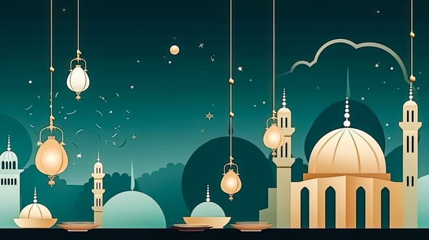 Festive mosque, A symbol of Ramadan celebration a vibrant scene radiating joy and warmth, with heartfelt Ramadan Mubarak greetings in the air