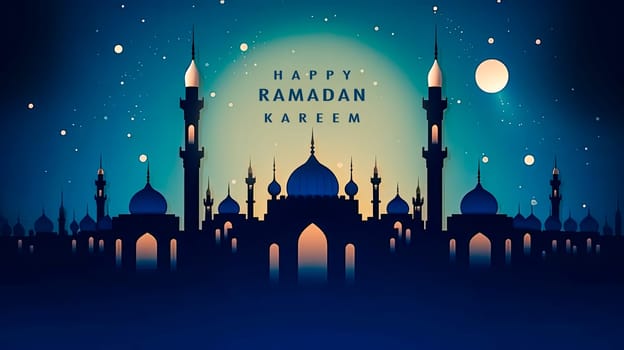 Night of blessings, A mosque aglow in Ramadan celebration a serene night adorned with Ramadan Mubarak greetings, a celestial atmosphere