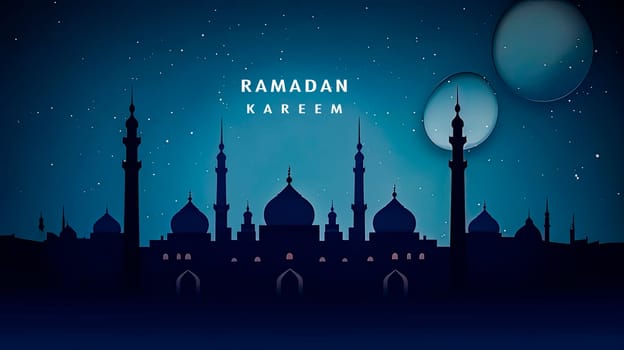 Moonlit mosque, Ramadan celebration in full swing a tranquil scene with Ramadan Mubarak wishes resonating in the serene beauty of the night.