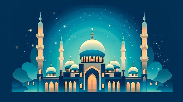 Illuminated mosque, A festive Ramadan night an enchanting visual conveying the joy and blessings of the season with Ramadan Mubarak greetings