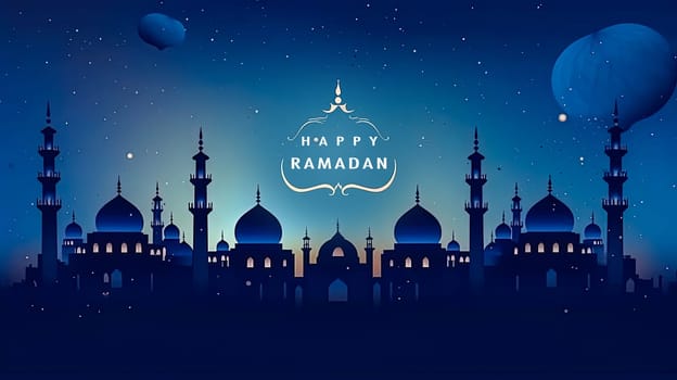 Moonlit mosque, Ramadan celebration in full swing a tranquil scene with Ramadan Mubarak wishes resonating in the serene beauty of the night.