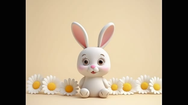 the Easter bunny sits surrounded by daisies against a background of colored paper, a joyful illustration that captures the essence of the festive spirit of Easter and the vibrant energy of spring.