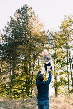 Dad throws up high a little girl standing in the forest. High quality photo