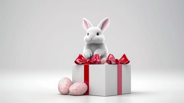 A colorful holiday, the Easter Bunny sits in a gift box surrounded by Easter eggs, a joyful illustration that captures the essence of the festive spirit of Easter and the vibrant energy of spring.