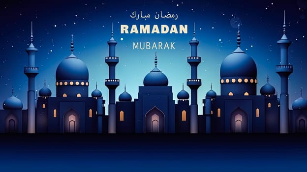 Moonlit mosque, Ramadan celebration in full swing a tranquil scene with Ramadan Mubarak wishes resonating in the serene beauty of the night.