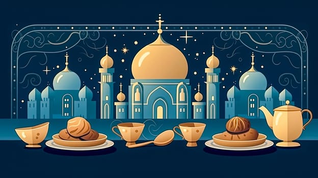 Night of blessings, A mosque adorned with lights, a radiant symbol of Ramadan Mubarak an enchanting scene capturing the essence of the holy month