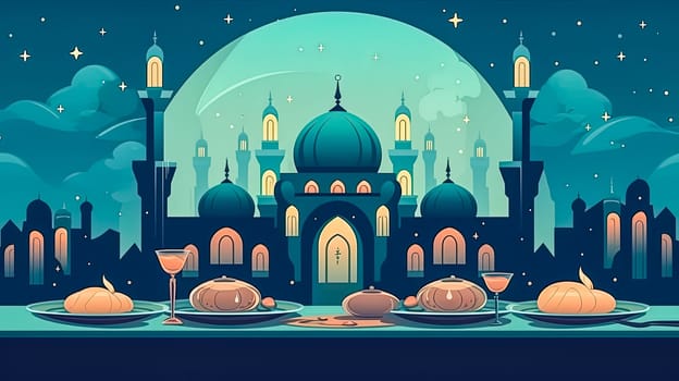 Night of blessings, A mosque adorned with lights, a radiant symbol of Ramadan Mubarak an enchanting scene capturing the essence of the holy month