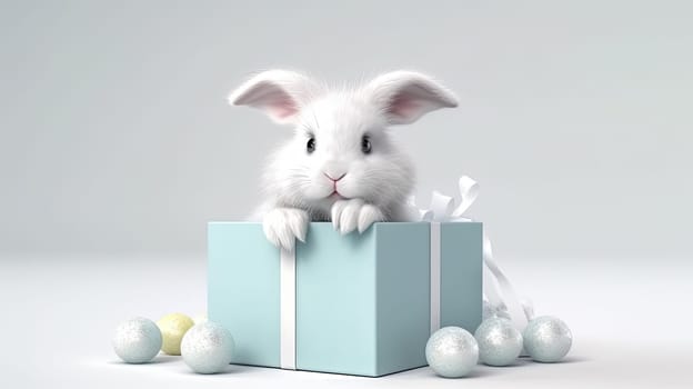 A colorful holiday, the Easter Bunny sits in a gift box surrounded by Easter eggs, a joyful illustration that captures the essence of the festive spirit of Easter and the vibrant energy of spring.
