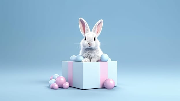 A colorful holiday, the Easter Bunny sits in a gift box surrounded by Easter eggs, a joyful illustration that captures the essence of the festive spirit of Easter and the vibrant energy of spring.