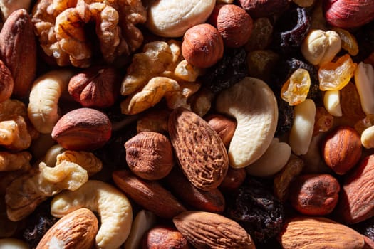 Mixed Nuts: Almonds, Walnuts, Cashews, Peanuts, Hazelnuts, Dried Prunes and Raisins. Different Nut Mix. Background from Various Nuts and Dried Fruits