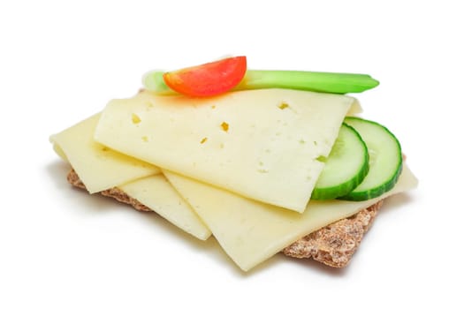 Whole Grain Crispbread with Cheese, Fresh Cucumber, Radish, Tomato and Green Onions - Isolated on White. Quick and Healthy Sandwiches. Crispbread with Tasty Filling. Healthy Dietary Snack - Isolation