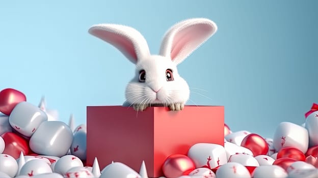 A colorful holiday, the Easter Bunny sits in a gift box surrounded by Easter eggs, a joyful illustration that captures the essence of the festive spirit of Easter and the vibrant energy of spring.