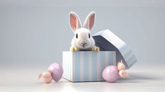 A colorful holiday, the Easter Bunny sits in a gift box surrounded by Easter eggs, a joyful illustration that captures the essence of the festive spirit of Easter and the vibrant energy of spring.