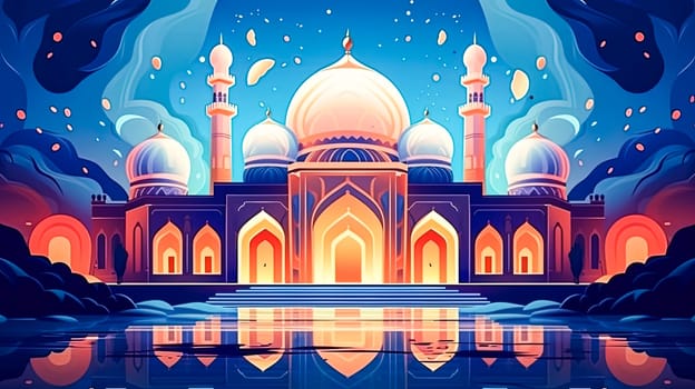 Ramadan radiance, A mosque bathed in warm hues, a visual embrace of celebration and wishes for a blessed Ramadan capturing the spiritual glow.