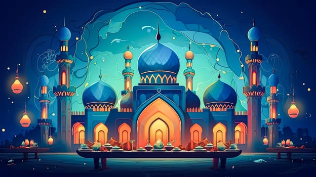 Night of blessings, A mosque adorned with lights, a radiant symbol of Ramadan Mubarak an enchanting scene capturing the essence of the holy month