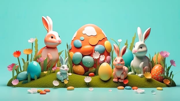 A colorful holiday, the Easter bunny sits surrounded by Easter eggs, a joyful illustration that captures the essence of the festive spirit of Easter and the vibrant energy of spring.