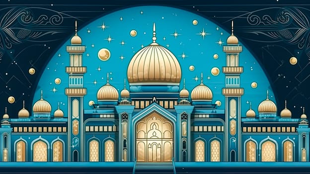 Festive mosque, A symbol of Ramadan celebration a vibrant scene radiating joy and warmth, with heartfelt Ramadan Mubarak greetings in the air