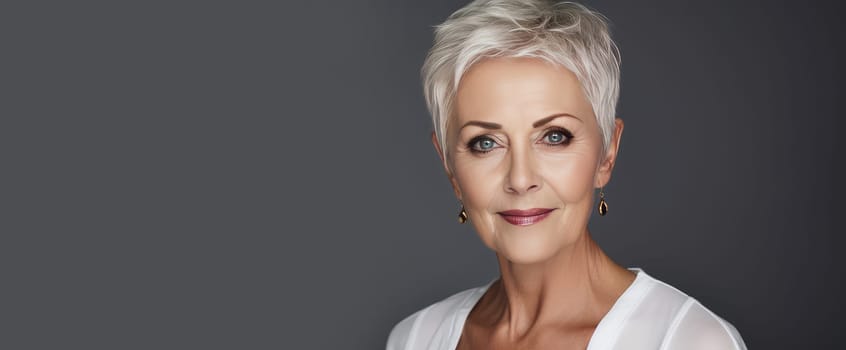 Elegant, smiling, elderly, chic, woman with gray hair and short haircut, on a gray background, banner. Advertising of cosmetic products, spa treatments, shampoos and hair care products, dentistry and medicine, perfumes and cosmetology for women.