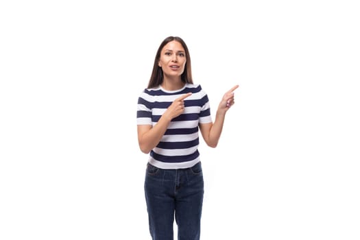 slim young caucasian brunette promoter woman in a striped black and white t-shirt on a white background.