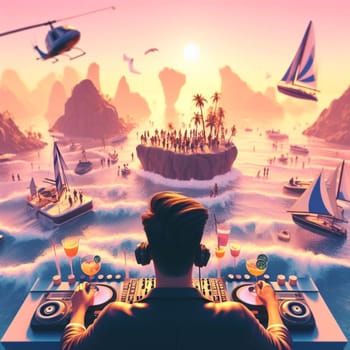 young deejay, wear glasses earphone hosting dj set at crowded beach party tropical island isometric ai generative ai art