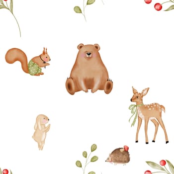 Watercolor seamless pattern of cute forest animals. Cute bear, fawn, bunny, hedgehog and squirrel. For printing on textiles and children's bedding.
