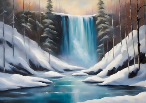 The painting depicts a waterfall in a winter forest. The waterfall is high and wide, the falling water is made of ice crystals. The forest is covered in snow and the waterfall is quiet and peaceful. Generated AI