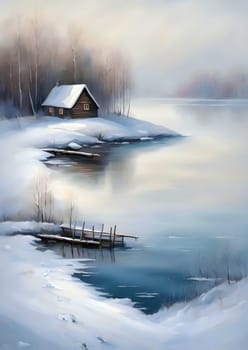 The picture shows a painting of a winter landscape with a cottage on the shore of a lake. The cottage is small, wooden and surrounded by trees. The lake is frozen and the sky is blue. Generate AI