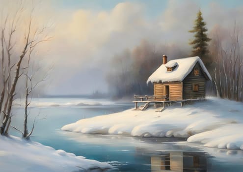 This beautiful illustration shows a wooden cabin in winter. The cottage is covered with snow and stands on the bank of the river. The sky is blue and the sun is shining. This illustration is sure to please the eyes and will work well for a variety of projects. Generate AI