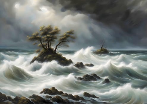 This painting shows a small island in the middle of a stormy ocean. The island is surrounded by waves and rocks, and trees grow on the island. Generate AI