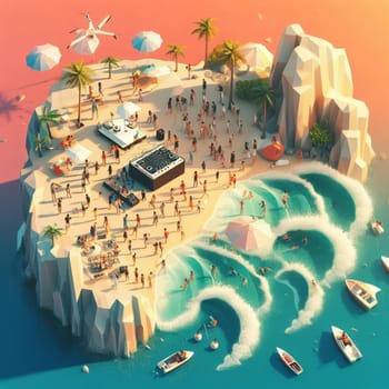 people having fun in the beach, isometric view, sea waves, 3d illustration generative ai art