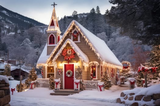 Chapel of a small mountain town decorated for Christmas.