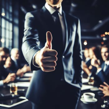 Hands showing thumbs up with business men endorsing, giving approval or saying thank you as a team in the office. Closeup of corporate professionals hand gesturing in the positive or affirmative