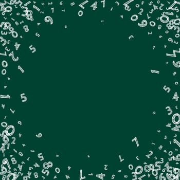 Falling childish chalk numbers. Math study concept with flying digits. Exceptional back to school mathematics banner on blackboard background. Falling numbers illustration.