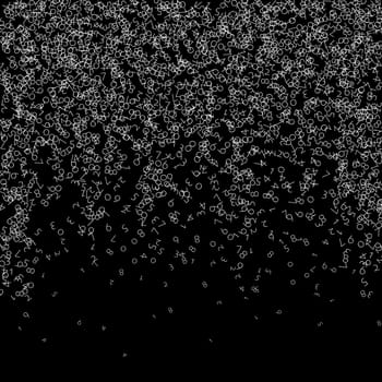 Falling numbers, big data concept. Binary white chaotic flying digits. Elegant futuristic banner on black background. Digital illustration with falling numbers.