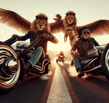 anthropomorhic lion characters gang in steampunk hot rods and tuned bikes burning rubber, wearing jeans and leather, gas station , desert road, comics illustration, mad max ai generated