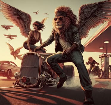 anthropomorhic lion characters gang in steampunk hot rods and tuned bikes burning rubber, wearing jeans and leather, gas station , desert road, comics illustration, mad max ai generated