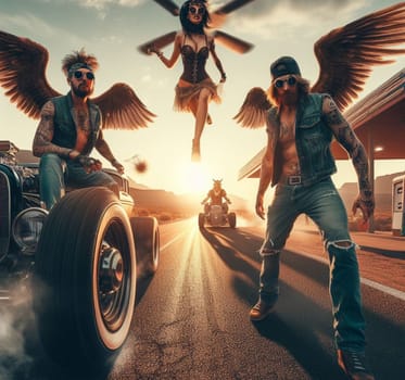 anthropomorhic lion characters gang in steampunk hot rods and tuned bikes burning rubber, wearing jeans and leather, gas station , desert road, comics illustration, mad max ai generated