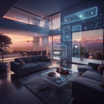 A smart home setup. A modern living space equipped with smart home devices like smart lights, tv and voice - controlled assistants. Smart home interior with augmented reality. AI generative.