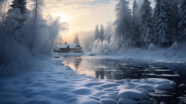 House in the mountains and forest near a lake in winter. Snow-covered landscapes, including mountains, forests, rivers, lakes and fields. llustration for cover, interior design. AI generative.