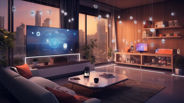 A smart home setup. A modern living space equipped with smart home devices like smart lights, tv and voice - controlled assistants. Smart home interior with augmented reality. AI generative.