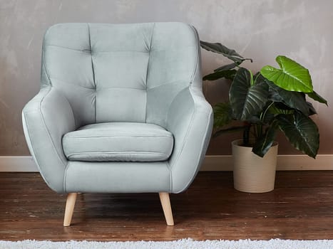 furniture, interior, home design. modern blue fabric armchair with wooden legs, front view.