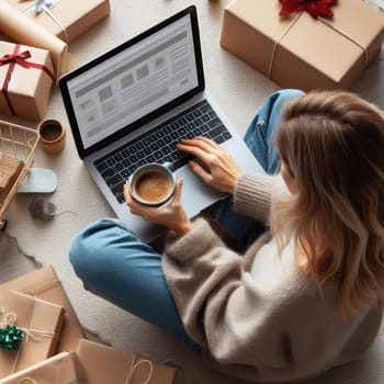 Top view of women working laptop computer from home on wooden floor with postal parcel, Selling online ideas concept.