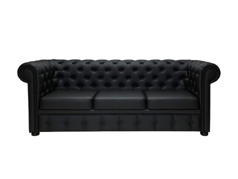 black leather office sofa in retro style on white background, front view. modern couch, furniture