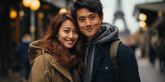 Asian cheerful happy couple in love visiting Paris city centre and Eiffel Tower. Asian tourists travelling in Europe and dating outdoors. AI Generated